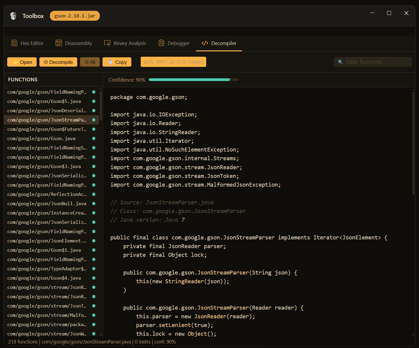 JVM decompiler showing reconstructed Java source for gson-2.10.1.jar with 218 classes and 90% confidence