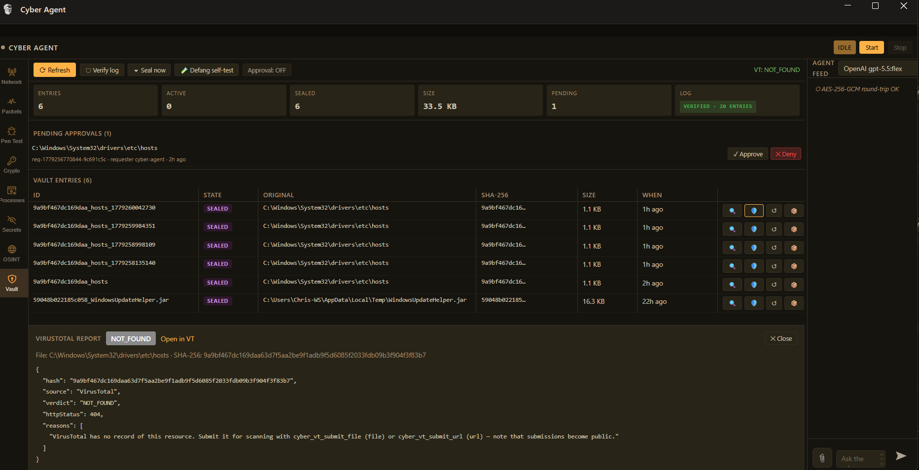 FrankenCoder Quarantine Vault showing sealed entries, stat cards, approval queue, and VirusTotal hash lookup