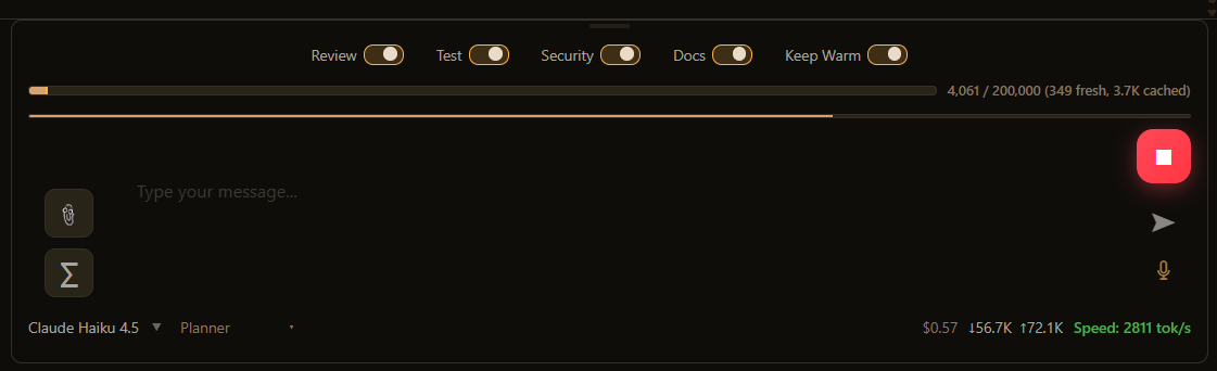 The Keep Warm toggle in the chat composer with a fuse indicator under the context meter showing cache freshness.