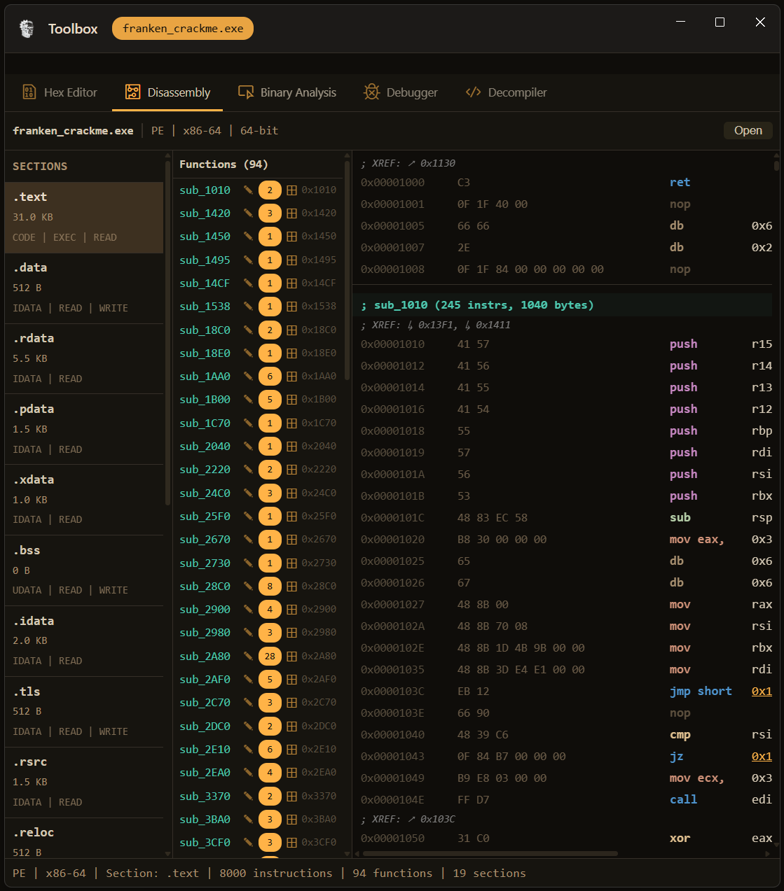 RE Agent disassembly view showing function list, control flow, and cross-references