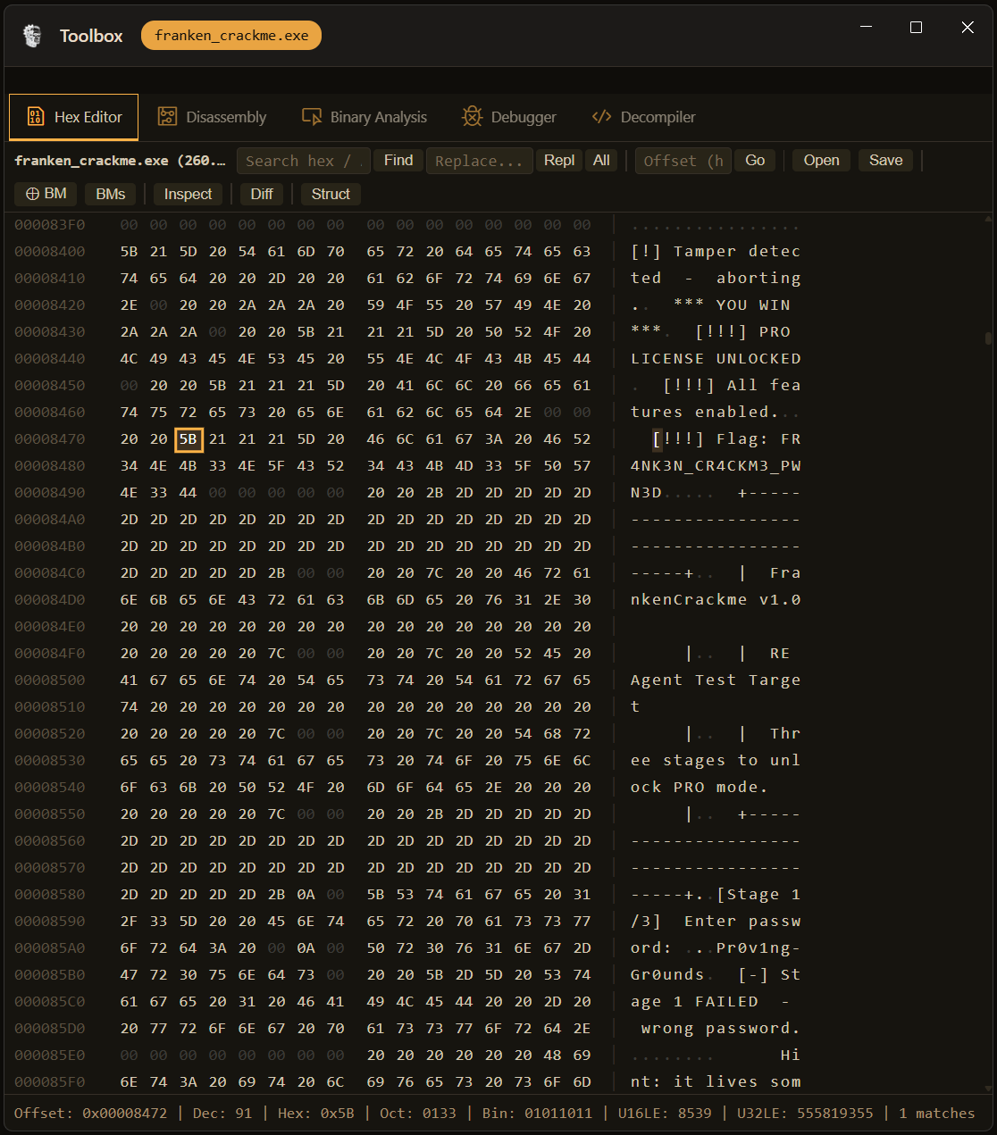 RE Agent hex editor showing flag FR4NK3N_CR4CKM3_PWN3D captured in the ASCII panel