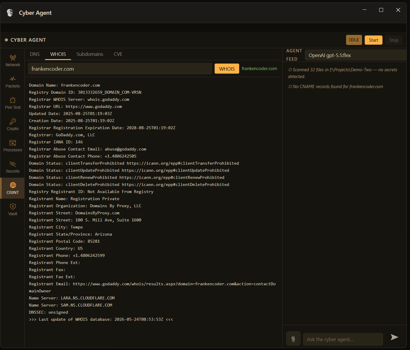 FrankenCoder OSINT tab showing a complete WHOIS result for frankencoder.com including registrar GoDaddy, Cloudflare nameservers, domain privacy enabled via Domains By Proxy, and all four domain lock statuses