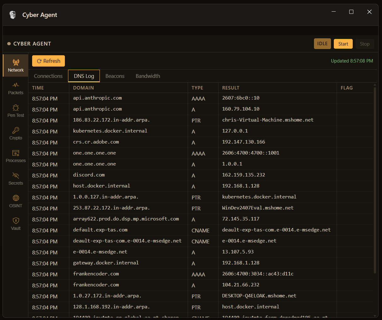 FrankenCoder DNS log showing real DNS queries including api.anthropic.com, frankencoder.com, discord.com and kubernetes docker internal with A AAAA PTR and CNAME record types