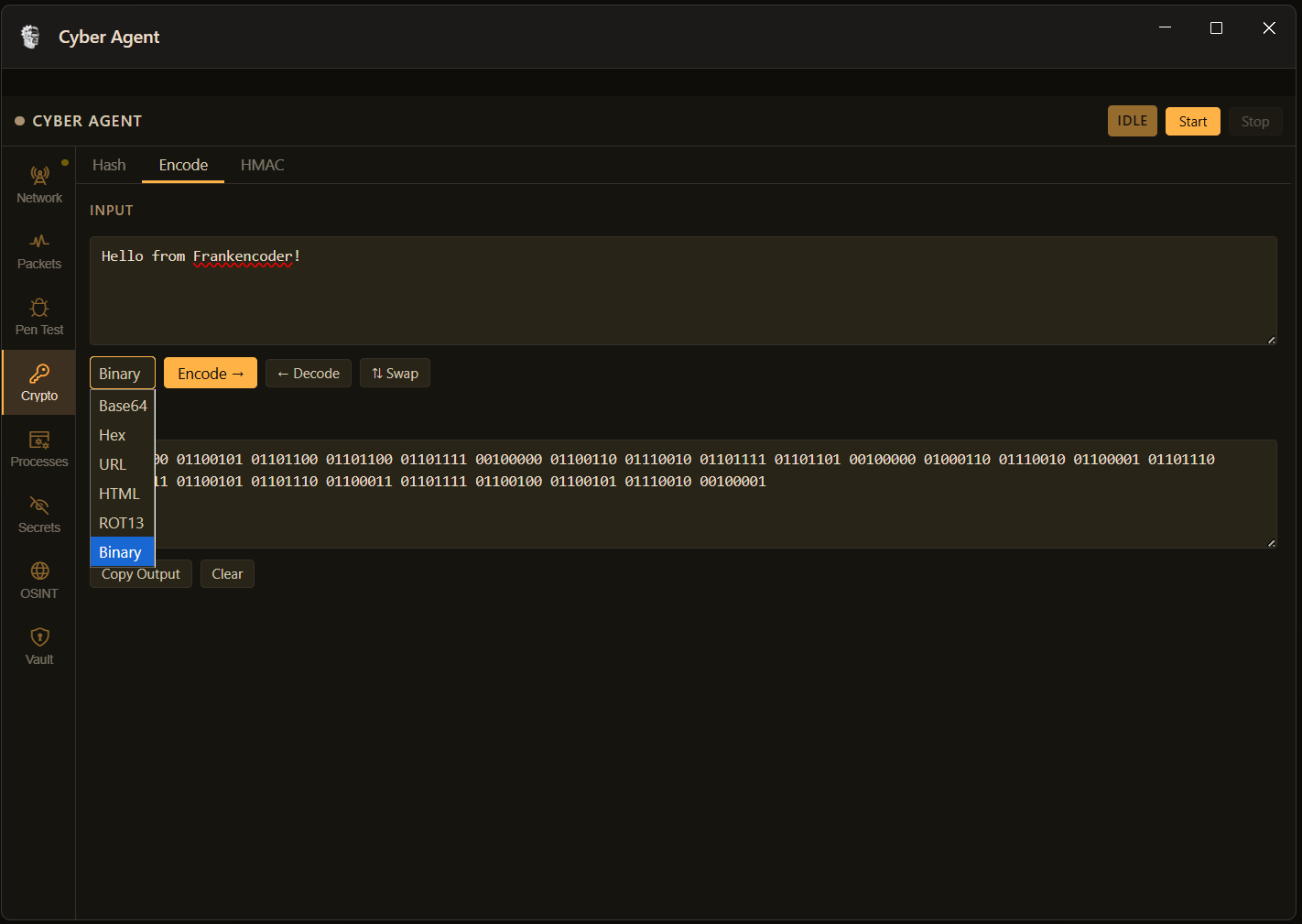 FrankenCoder Crypto encode tab showing binary encoding of test text with dropdown open showing Base64 Hex URL HTML ROT13 and Binary options plus Encode Decode and Swap buttons