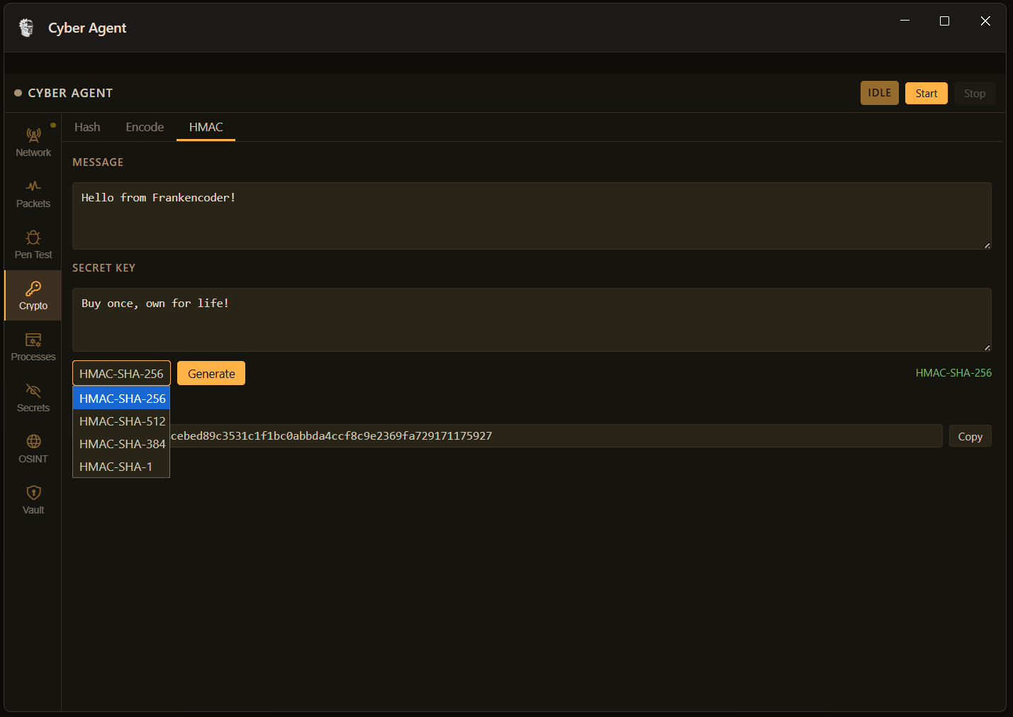FrankenCoder Crypto HMAC tab showing HMAC-SHA-256 generation with message and secret key inputs and algorithm dropdown showing SHA-256 SHA-512 SHA-384 and SHA-1 options