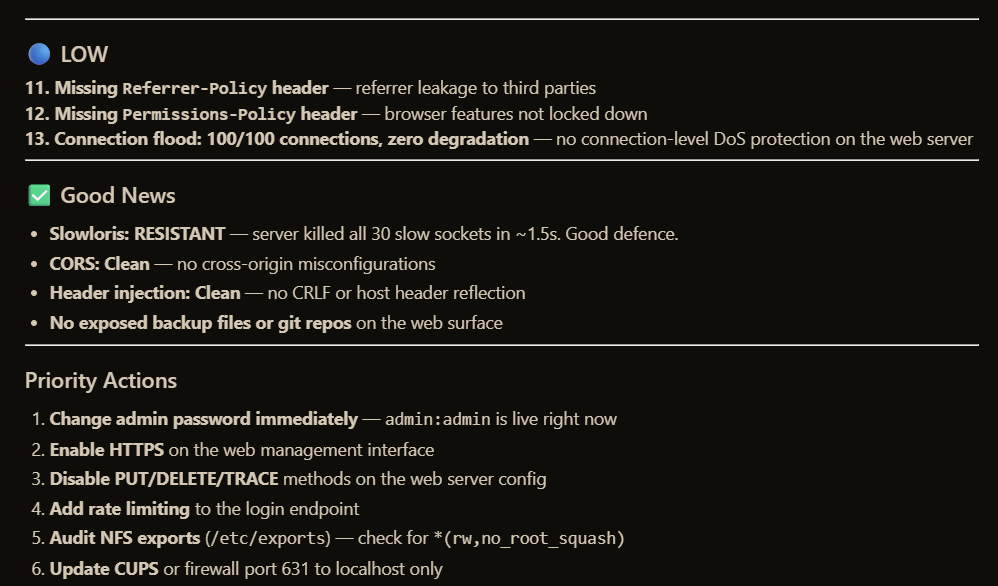 NAS security assessment showing low severity header findings, confirmed clean items including Slowloris resistance and CORS clean, and a prioritised six-item action list