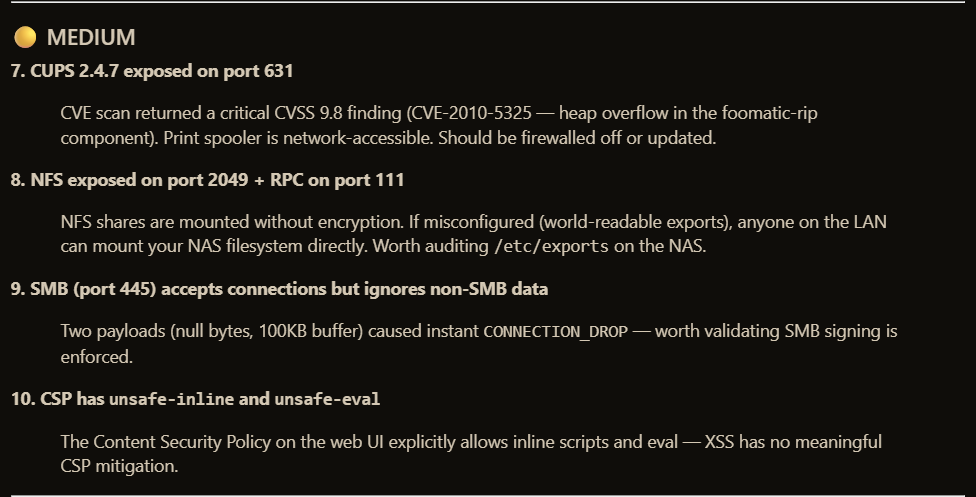 NAS security assessment showing medium severity findings including CUPS CVE-2010-5325 with CVSS score 9.8, NFS shares unencrypted, SMB connection drops, and CSP with unsafe-inline and unsafe-eval
