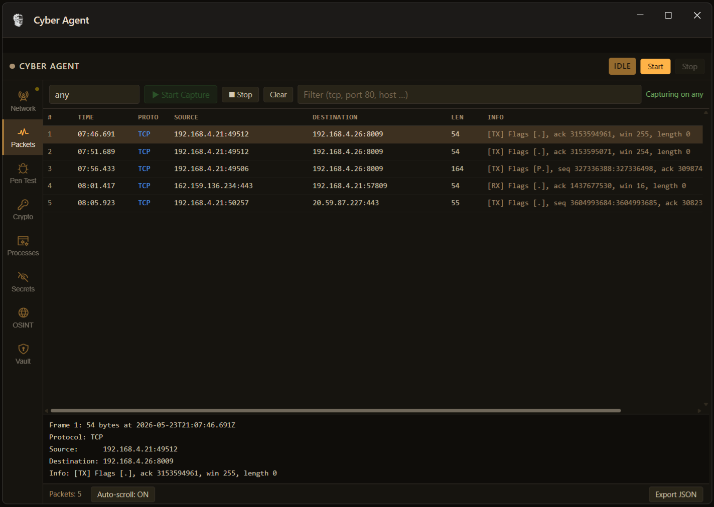 FrankenCoder packet inspector showing live TCP packet capture with TX and RX direction colour coding, frame detail panel at the bottom, and export JSON option