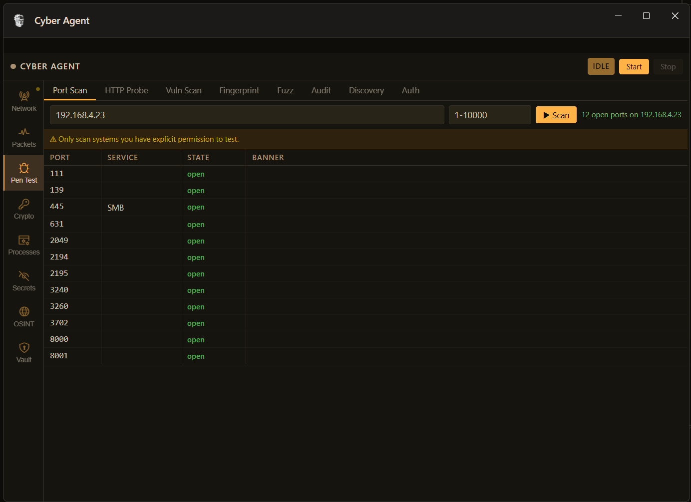 FrankenCoder port scanner targeting 192.168.4.23 showing 12 open ports including SMB on 445, NFS on 2049, CUPS on 631 and admin panel on port 8000