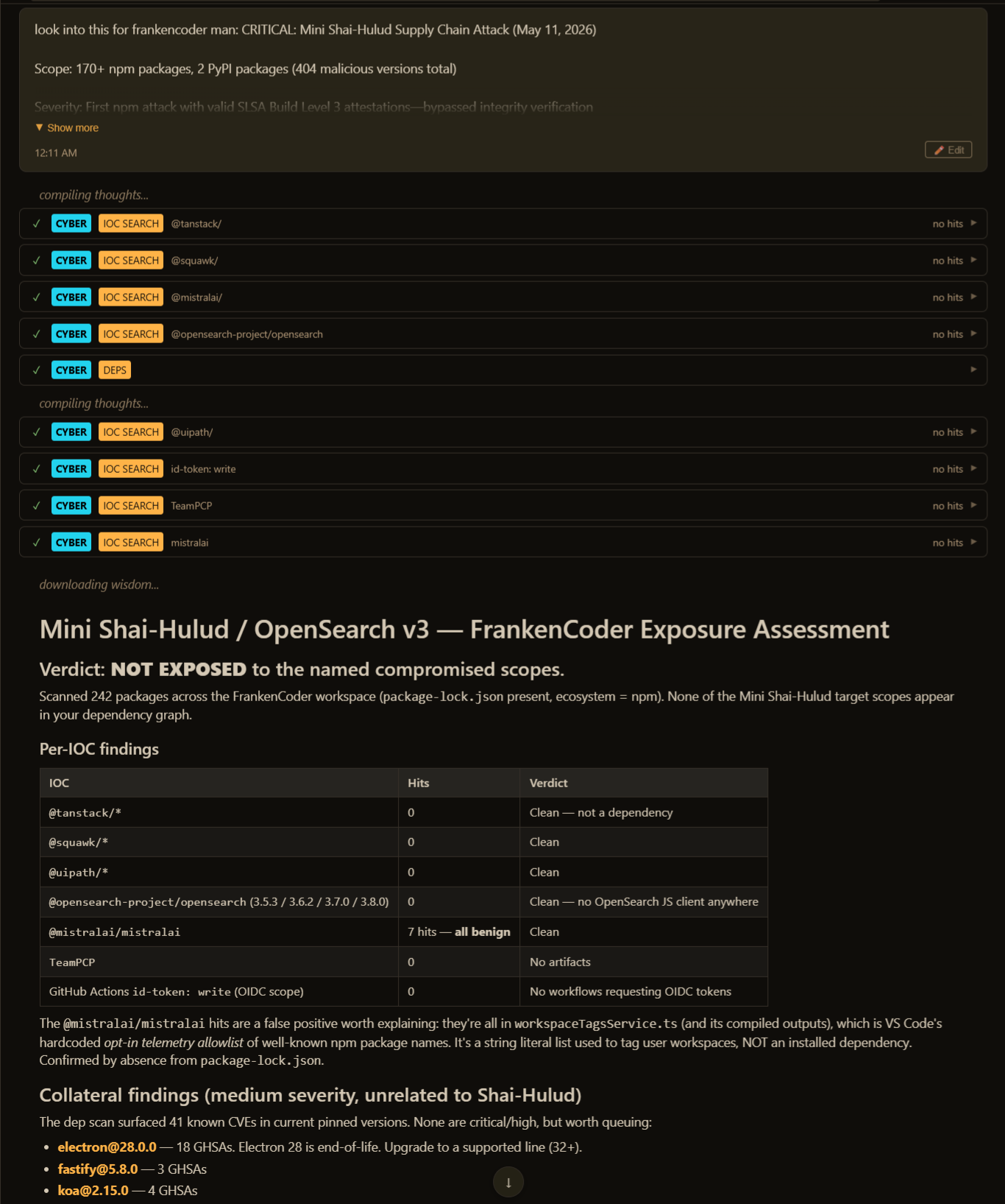Cyber Agent exposure assessment showing IOC search results and dependency scan verdict