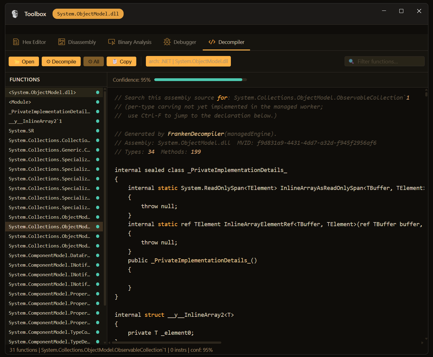 .NET CIL decompiler showing C# source output for System.ObjectModel.dll with 95% confidence and 31 functions