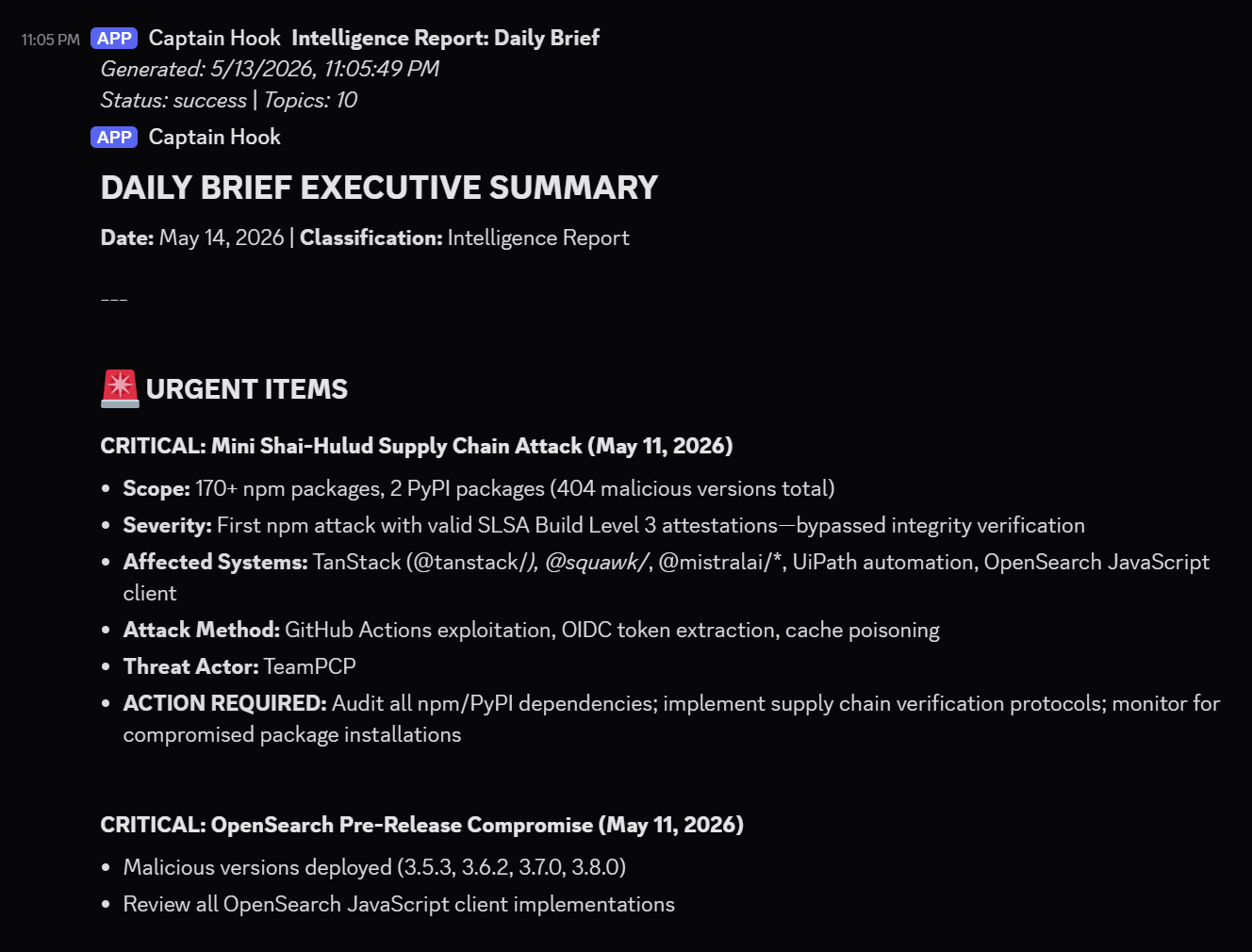 Intelligence Center daily brief delivered to a Discord channel via webhook