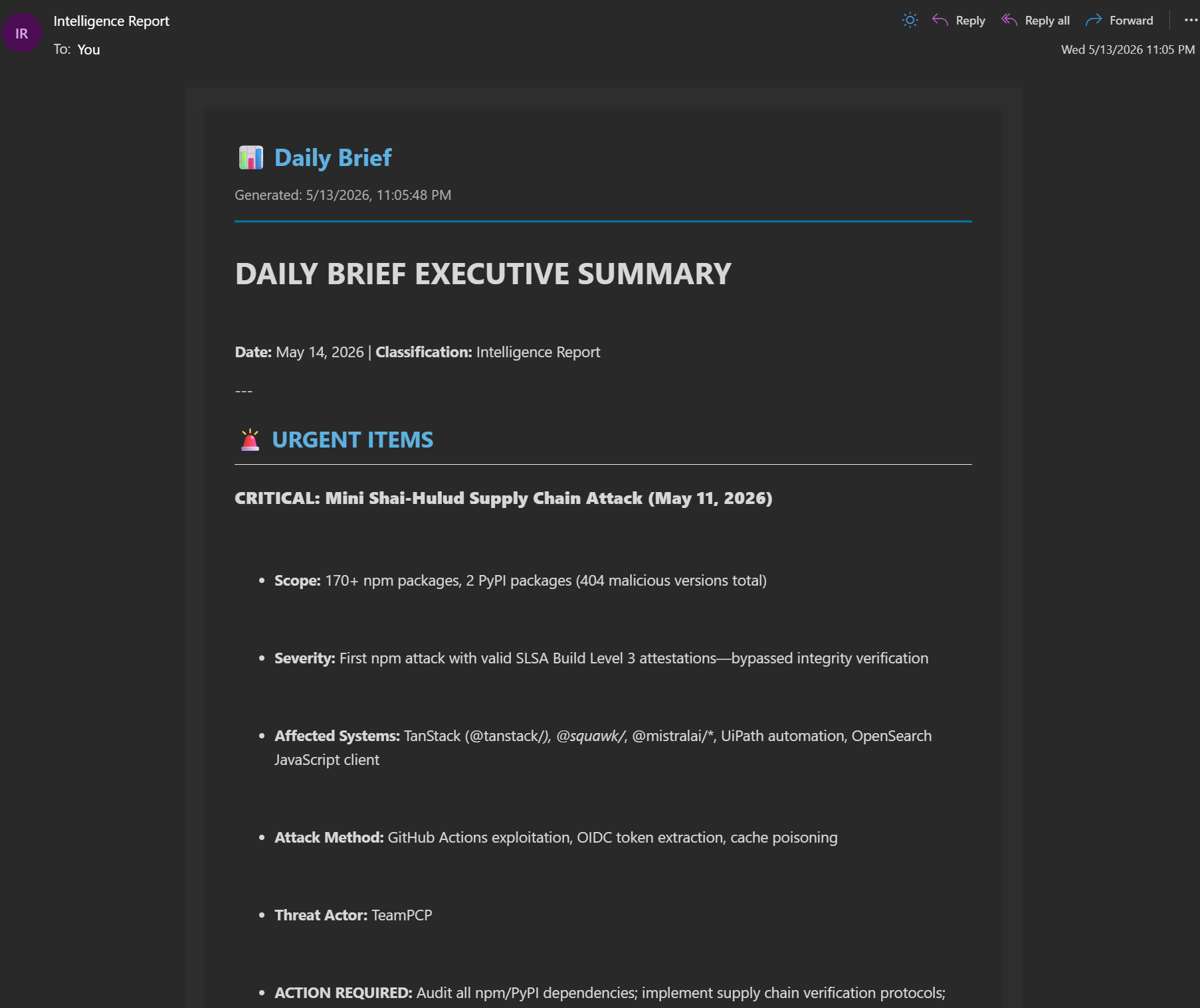 Intelligence Center daily brief delivered to email with urgent items section and executive summary
