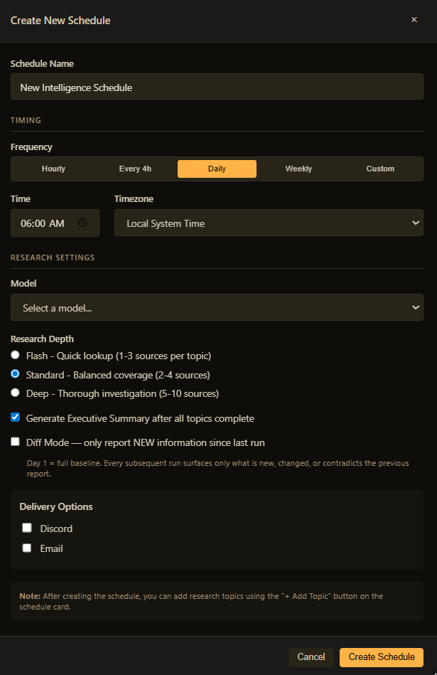 Create New Schedule modal showing frequency, model, depth, diff mode, and delivery options