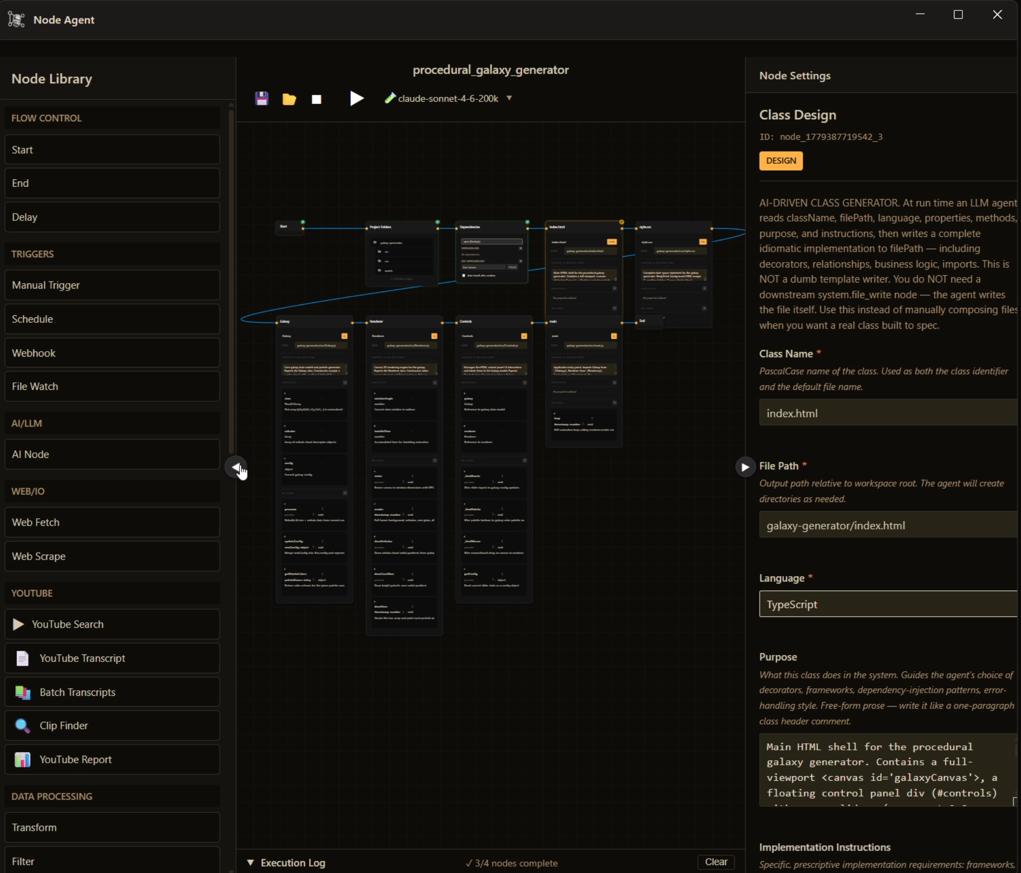Node Agent canvas showing a procedural galaxy generator flow