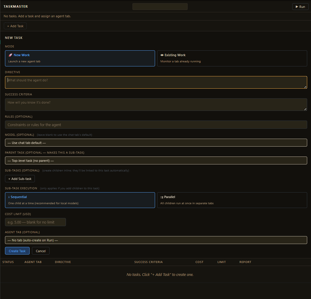 Taskmaster Add Task UI showing directive, success criteria, rules, model, sub-tasks, and execution mode fields
